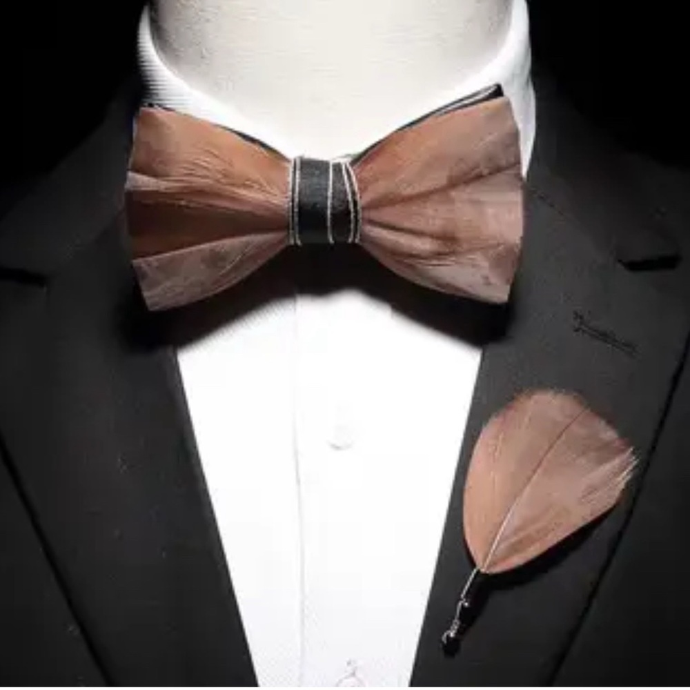 Stylish Feather Bow Tie and Lapel Pin Set